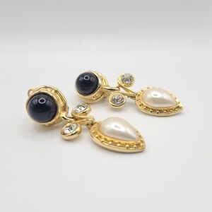 Vintage Clip on Dangle Gold and Black Earrings with Pearl Accents